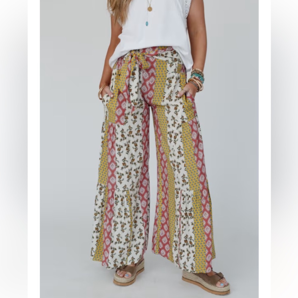 NWT Bohemian Wide Leg Printed Palazzo Pants - White/Mustard/Coral